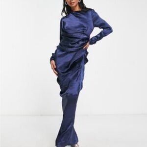 ASOS Design Navy Blue Satin high neck draped maxi Dress